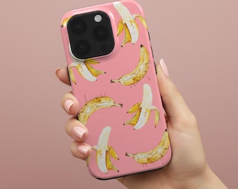 Funda rosa con diseño de plátano para iPhone 17, 16, 15, 14, 13, Samsung Galaxy S26, S25, S24, Google Pixel, OnePlus y más.