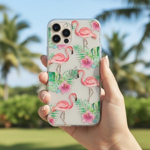 Clear Flamingo Phone Case for iPhone, Samsung & Google Pixel. Scratch-Resistant Print. MagSafe Compatible