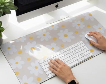 Beige Daisy Desk Mat, Extra Large Floral Mousepad, Soft Anti-slip desk pad, Office Decor, Workspace Accessory