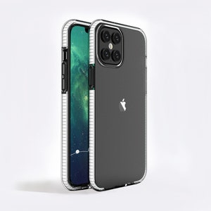 May include: A clear phone case with a black back and a textured pattern. The case has a raised camera bump with three lenses. The Apple logo is visible on the back of the case.