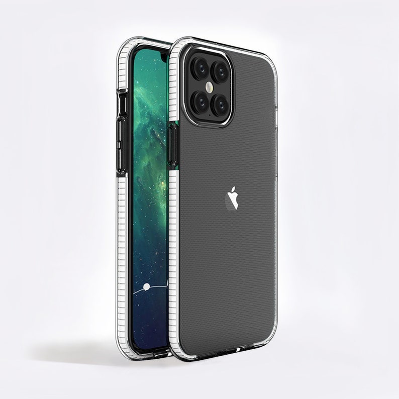May include: A clear phone case with a black back and a textured pattern. The case has a raised camera bump with three lenses. The Apple logo is visible on the back of the case.