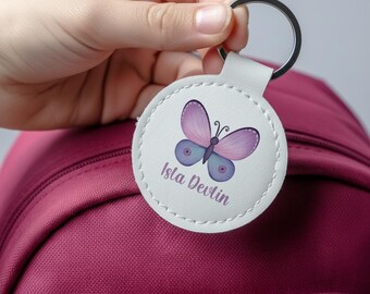 Personalised Purple Butterfly Kids Bag Tag: School Backpack Name Keyring. Cute Butterfly School Backpack Accessory. Luggage Tag for Children