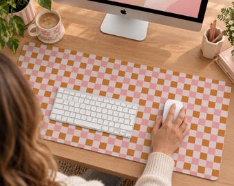 Pink and Orange Plaid Desk Mat. Extra Large Non slip mousepad with soft anti-slip base, doubles as keyboard mat. Autumn desk decor
