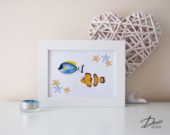 Watercolour Fish Wall Print   5' 'x 7'' (13cm x 18cm ) Printable Art Print, Wall Art Poster