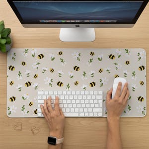 Bees Desk Mat. Smooth Fabric beige desk pad. Large Mousepad with soft anti-slip base, doubles as keyboard mat. Neutral Desk Decor