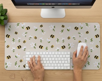 Bee Desk Mat. Smooth Fabric beige desk pad. Large Mousepad with soft anti-slip base, doubles as keyboard mat. Neutral Desk Decor
