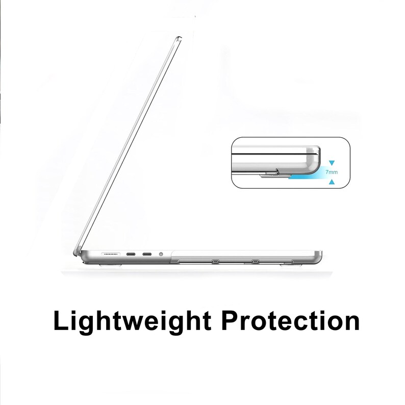 May include: A side view of a silver laptop with a clear protective case. An inset graphic highlights a 7mm thickness measurement. The text "Lightweight Protection" is displayed below the laptop, indicating a slim design for device safety.