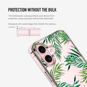 May include: Clear phone case with a green leaf pattern. The case is made of hard plastic and features the text "PROTECTION WITHOUT THE BULK". The case has a raised edge to protect the camera. The case is 0.50mm thick.