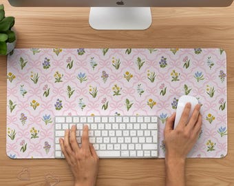 Wild Flowers Desk Mat. Cute Pink, Orange & Blue Flower Mouse Pad. Feminine floral aesthetic Desk Pad. Soft Anti-slip deskmat. Large Mousepad