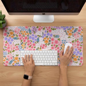 Floral Desk Mat. Cute Pink, Orange & Blue Flower Mouse Pad. Aesthetic Desk Pad. Soft Anti-slip deskmat. Large Mousepad