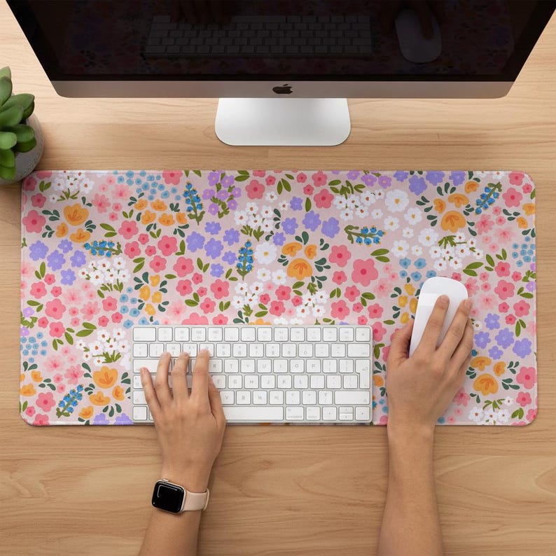 Floral Desk Mat. Cute Pink, Orange & Blue Flower Mouse Pad. Aesthetic Desk Pad. Soft Anti-slip deskmat. Large Mousepad image 1