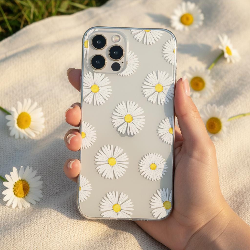 アイドル [Songbly] Daisy case+Sample Pack Daisy Flowers Clear Phone Case for Iphone, Samsung & Google Pixel