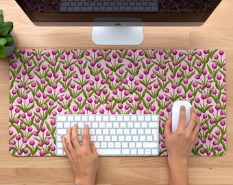 Tulip Floral Desk Mat. Aesthetic Desk Pad. Large Mousepad with Anti-slip base and smooth surface doubles as keyboard mat.