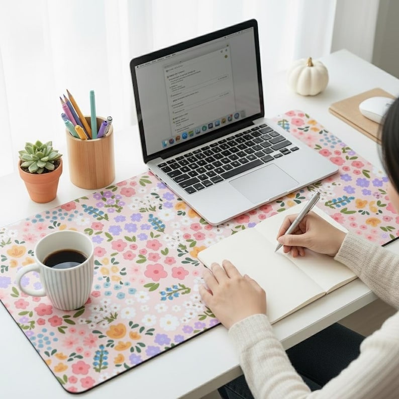 Floral Desk Mat. Cute Pink, Orange & Blue Flower Mouse Pad. Aesthetic Desk Pad. Soft Anti-slip deskmat. Large Mousepad image 2