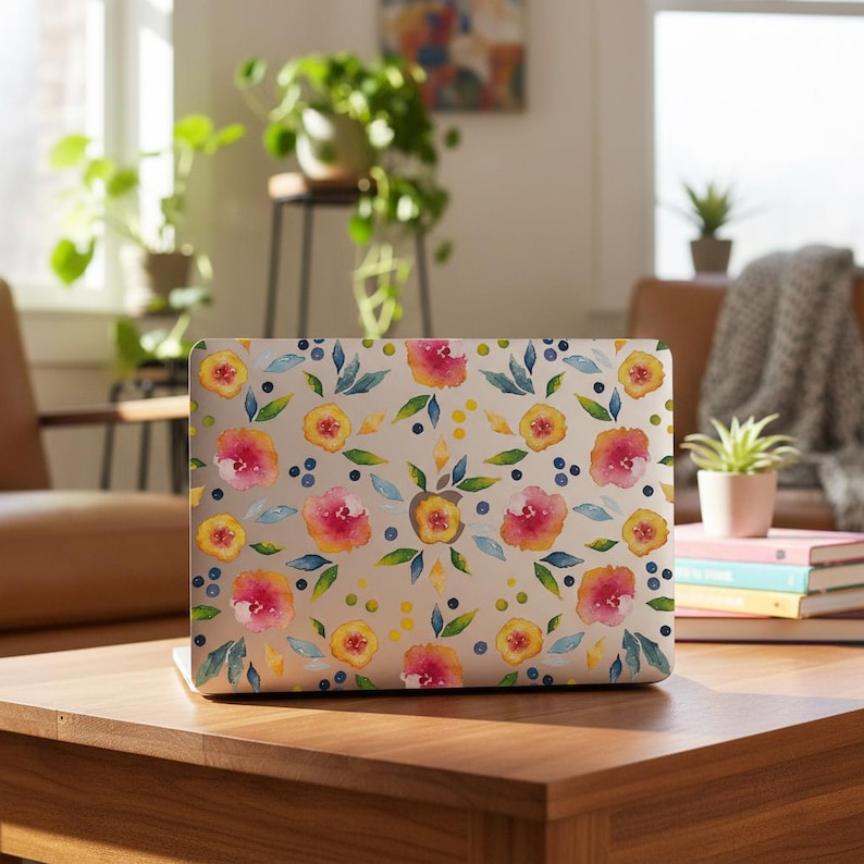 May include: A laptop skin featuring a watercolour pattern of pink and yellow flowers, green leaves, and small blue dots on a light background. The design covers the exterior surface of the laptop, showcasing a repeating floral motif.
