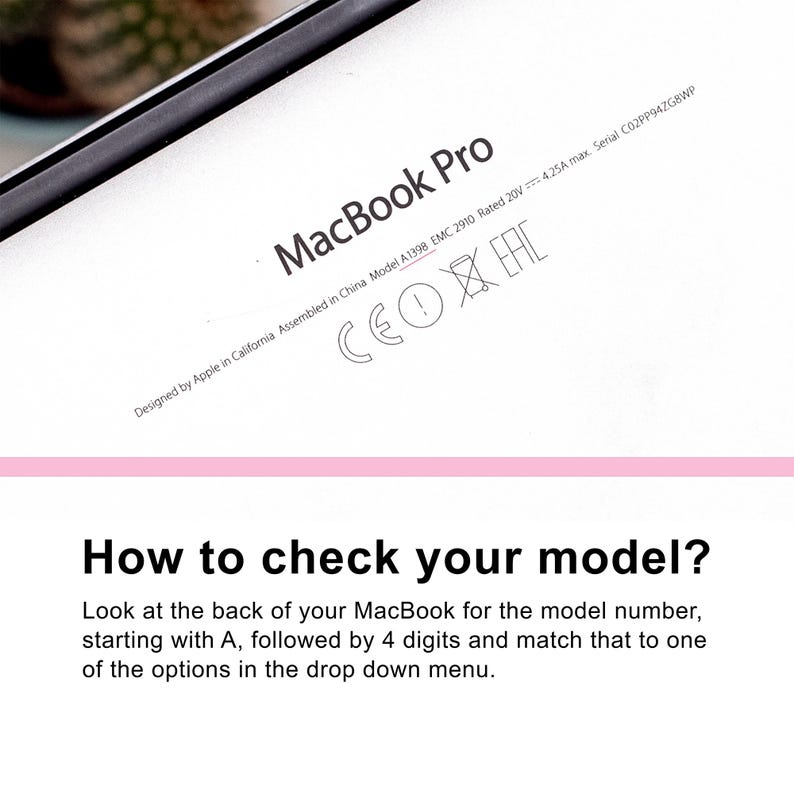 May include: A silver MacBook Pro back panel with black text reading MacBook Pro, Designed by Apple in California, Assembled in China, Model A1398, EMC 2910, Rated 20V 4.25A max, Serial C02PP94ZG8WP. Below, text reads: How to check your model? Look at the back.