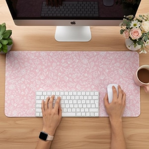 Soft Pink Floral Desk Mat, Non-Slip Desk Pad, Extra Large mousepad doubles as keyboard mat. Large desktop mat. Office Accessory