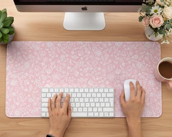 Alfombrilla de escritorio con diseño floral rosa suave, antideslizante, extragrande, ideal para ratón y teclado. Alfombrilla de escritorio grande. Accesorio de oficina.