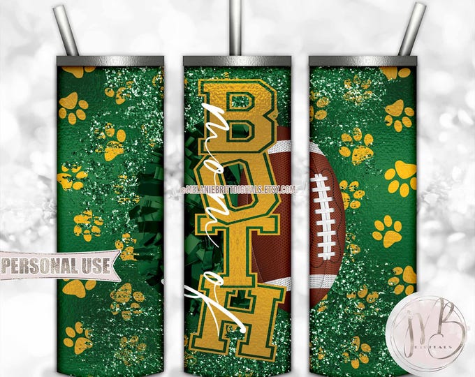 Mom of Both Football and Cheer 20oz Skinny Tumbler Wrap Sublimation Design Download • Paw Prints Green Athletic Gold • DIY Print & Press