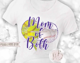 Purple Baseball and Softball Mom of Both Heart T-Shirt Sublimation Design Download • School Sports Ball Park Mom Gift • DIY Print and Press