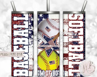 Patriotic Mom of Both 20oz Skinny Tumbler Sublimation Design Download • Baseball Softball Star Distressed USA Flag • DIY Print and Press