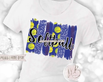 Blue Softball T-Shirt Sublimation Design Download • Glitter Sport Brush Strokes School Softball Shirt Gift • DIY Print and Press