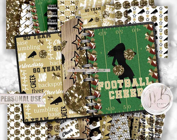 Gold Cheerleading Scrapbook Paper Download • Shiny Pom Poms Bows Megaphone • Scrapbooking Printable