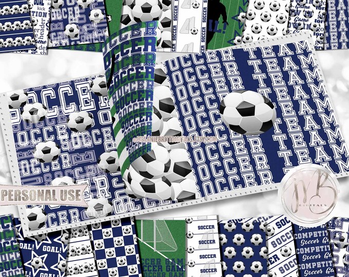 Navy Blue Soccer Scrapbook Paper Download • Boy and Girl School Sports Soccer Field • Scrapbooking Printable