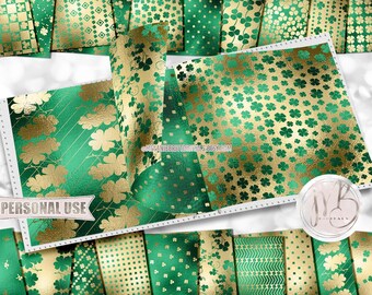 St Patrick's Day Shimmer Scrapbook Paper Download • Green and Gold Clovers Shamrocks • Printable Paper Crafts 20 12x12 JPG & PDF