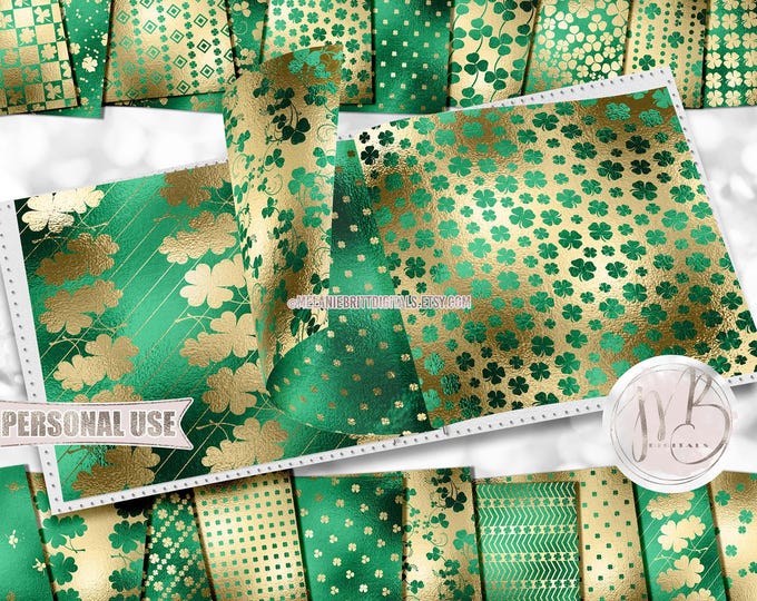St Patrick's Day Shimmer Scrapbook Paper Download • Green and Gold Clovers Shamrocks • Printable Paper Crafts 20 12x12 JPG & PDF