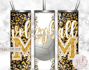 Athletic Gold Volleyball Mom 20oz Skinny Tumbler Wrap Sublimation Design Download • Leopard Sports Volleyball Mom Gift • DIY Print and Press