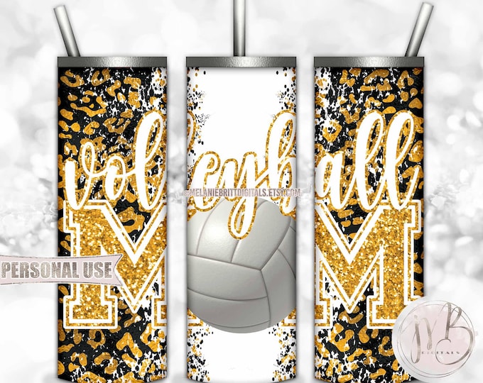 Athletic Gold Volleyball Mom 20oz Skinny Tumbler Wrap Sublimation Design Download • Leopard Sports Volleyball Mom Gift • DIY Print and Press