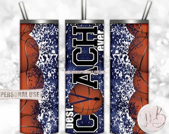 Navy Blue Basketball Coach 20oz Skinny Tumbler Wrap Sublimation Design Download • Lanyard Whistle "Best Coach Ever" Gift • DIY Print & Press