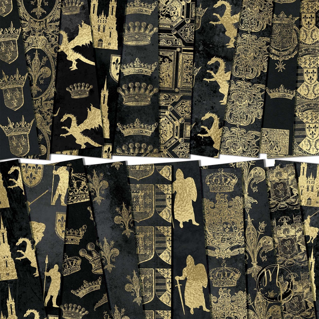 Medieval Scrapbook Paper Download Dragon Knight Shield Crown Castle ...