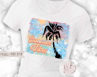 Retro Summer Vibes T-Shirt Sublimation Design Download • Pool Water Sunshine Palm Tree Tropical Tones Summer Vacation • DIY Print and Press