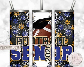 Football Senior 2026 20oz Skinny Tumbler Wrap Sublimation Design • Blue and Athletic Gold Paw Prints Graduation Gift • DIY Print and Press