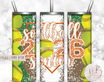 Orange Softball Senior 2026 20oz Skinny Tumbler Wrap Sublimation Design Download • Varsity Softball Glitter Grad Gift • DIY Print & Press