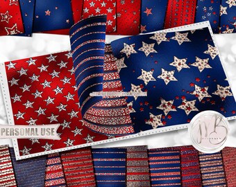 Patriotic Leopard Stars and Stripes Scrapbook Paper Download • Embossed Glitter and Foil Design • Printable Paper Crafts 20 12x12 JPG & PDF