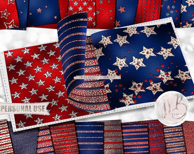 Patriotic Leopard Stars and Stripes Scrapbook Paper Download • Embossed Glitter and Foil Design • Printable Paper Crafts 20 12x12 JPG & PDF