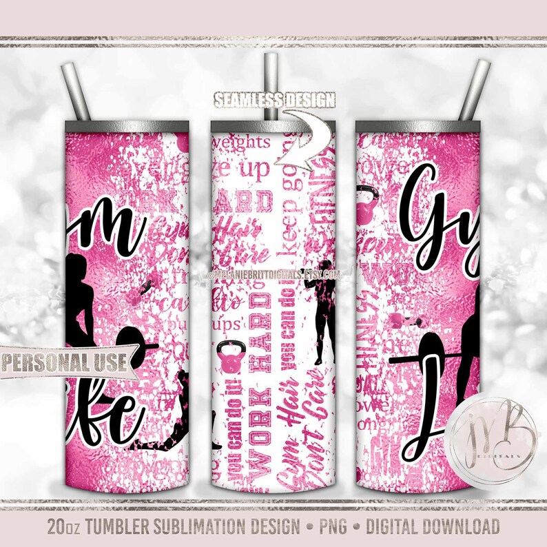 Pink Girl Gym Life 20oz Skinny Tumbler Wrap Sublimation PNG Download
