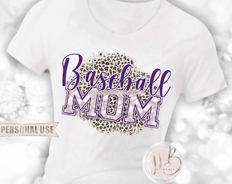 Purple Baseball Mom T-Shirt Sublimation Design Download • Classic Leopard Print Baseball Varsity Letters Mom Gift • DIY Print and Press
