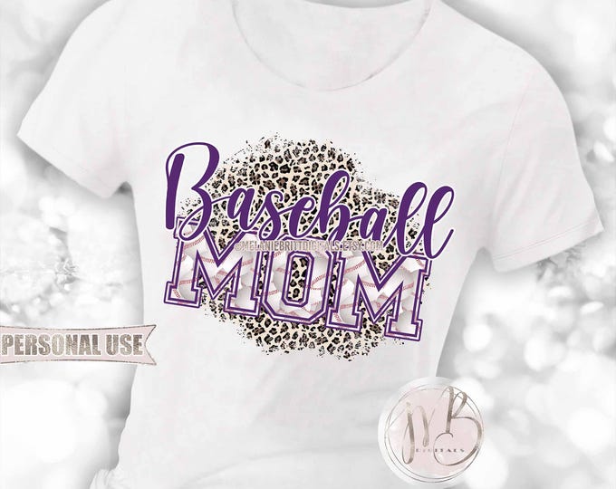 Purple Baseball Mom T-Shirt Sublimation Design Download • Classic Leopard Print Baseball Varsity Letters Mom Gift • DIY Print and Press