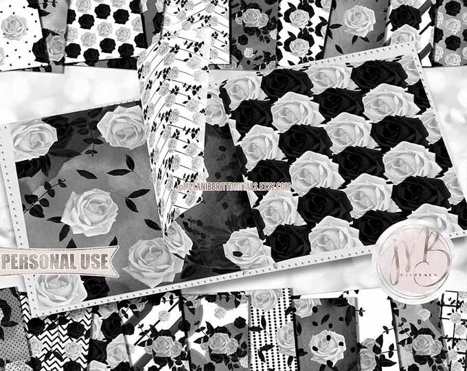Black and White Rose Watercolor Scrapbook Paper Download • Beautiful Hand-Painted Flowers • Scrapbooking Printable