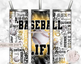 Baseball Life 20oz Skinny Tumbler Wrap Sublimation Design Download • Athletic Gold Black Tie Dye Scattered Baseballs • Sublimation Crafts