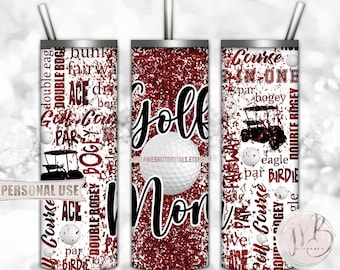 Maroon Glitter Golf Mom 20oz Skinny Tumbler Wrap Sublimation Design • Golf Ball Club Cart Typography Golfer Mom Gift • DIY Print and Press