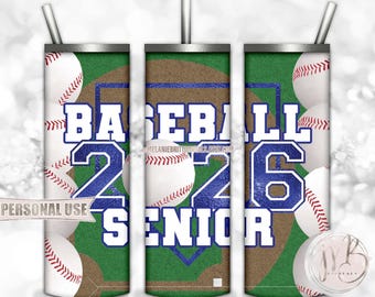 Blue Baseball Senior 2026 20oz Skinny Tumbler Wrap Sublimation Design Download • Senior Year Sports Graduate Gift • DIY Print and Press