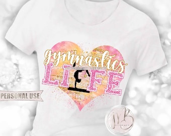 Gymnastics Life Heart T-Shirt Sublimation Design Download • Pink and Athletic Gold Tie Dye Gymnast Gift Medals Glitter • DIY Print and Press