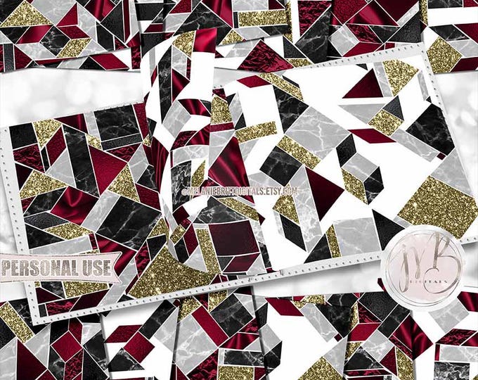 Burgundy Modern Scrapbook Paper Download • Geometric Tiled Marble Silk Glitter Foil • Scrapbooking Printable
