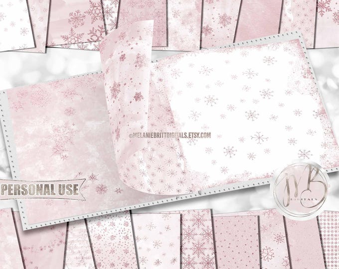 Pink Winter Scrapbook Paper Download • Glitter Snowflakes and Watercolor Design • Printable Paper Crafts 20 12x12 JPG & PDF