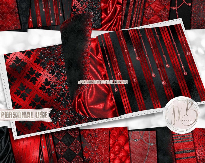 Red and Black Classy Scrapbook Paper Download • Sophisticated Design Diamonds Glitter Foil • DIY Printable Paper Crafts 20 12x12 JPG & PDF